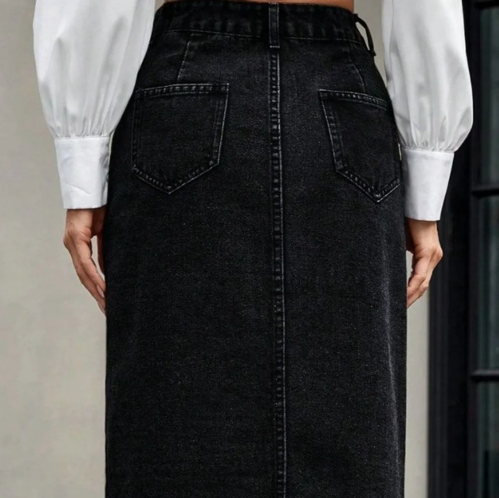 Black Button-Down Denim Skirt